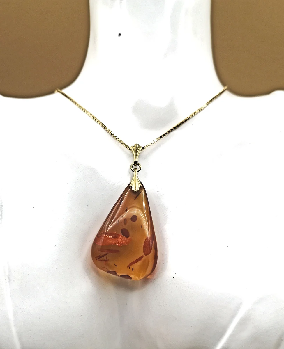 Baltischer ART DECO Bernstein Anhänger mit Kette Gold (1)