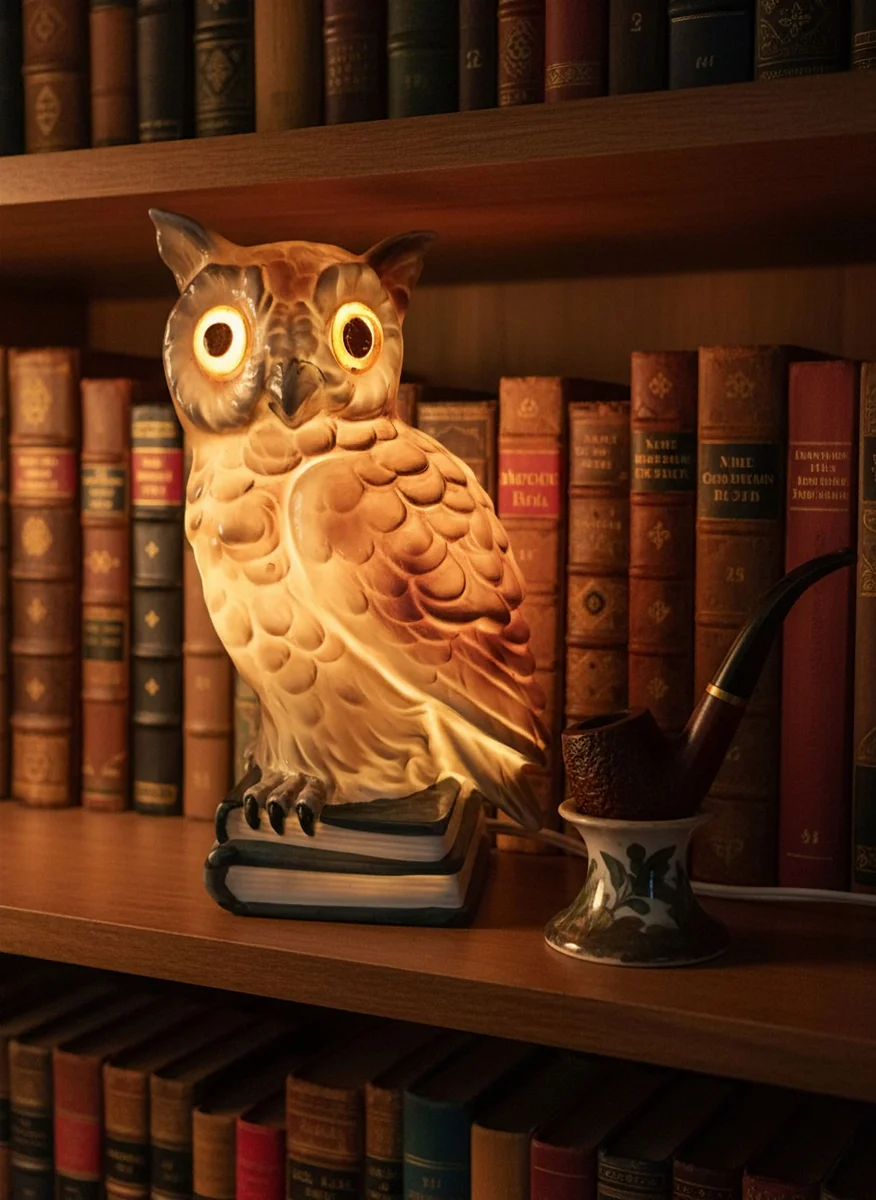 Vintage Rauchverzehrer Eule auf Büchern – Porzellan-Tischlampe um 1960 mit Glasaugen