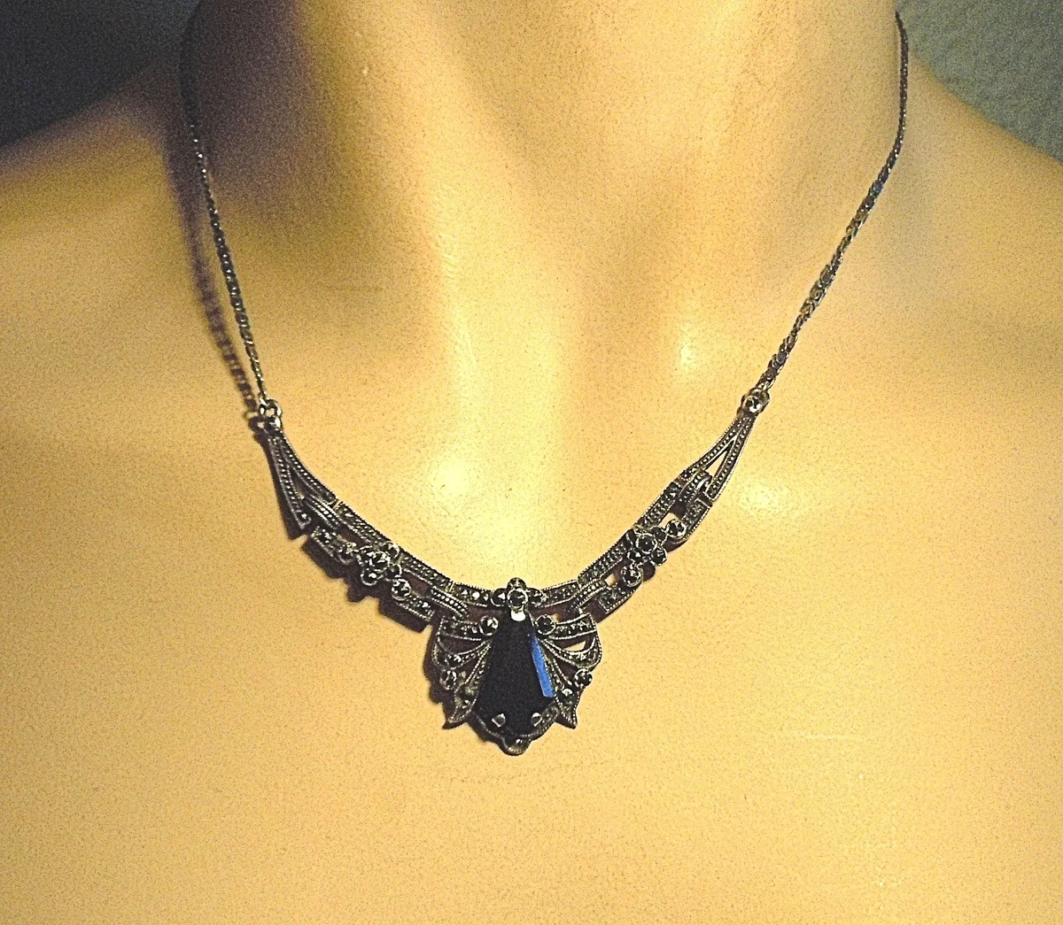Jugendstil Collier aus 925 Silber mit Onyx & Markasit – Filigrane Handarbeit