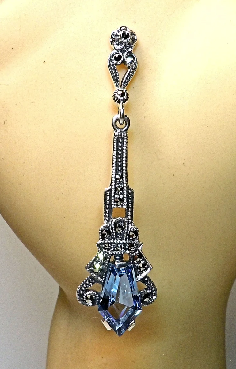 Exklusive ART-DECO Ohrringe aus 925 Sterling Silber mit handgefasstem Aquamarin & Markasiten