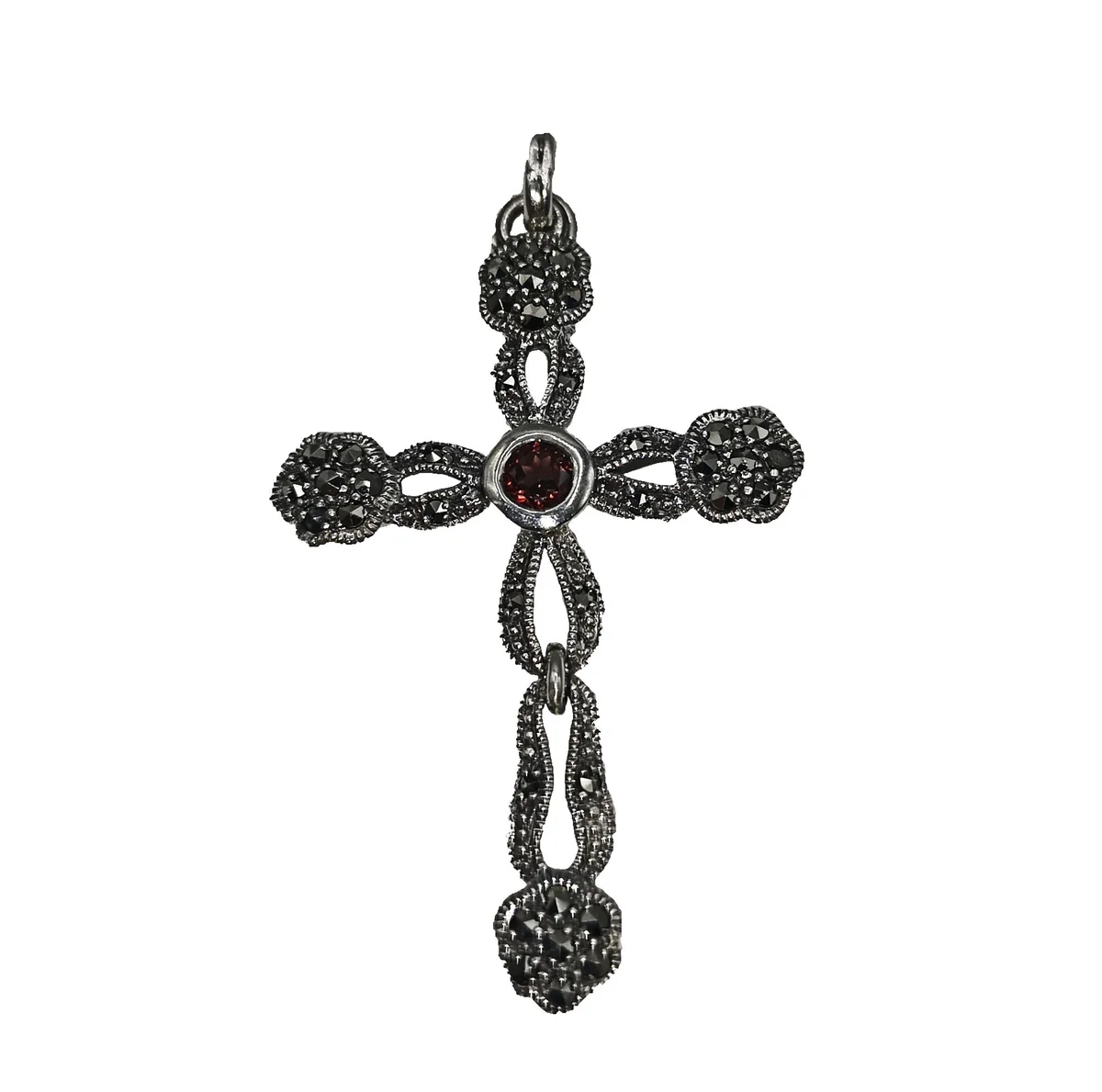 925 Silber Jugendstil Markasit Kreuz Anhänger mit Granat an Kette