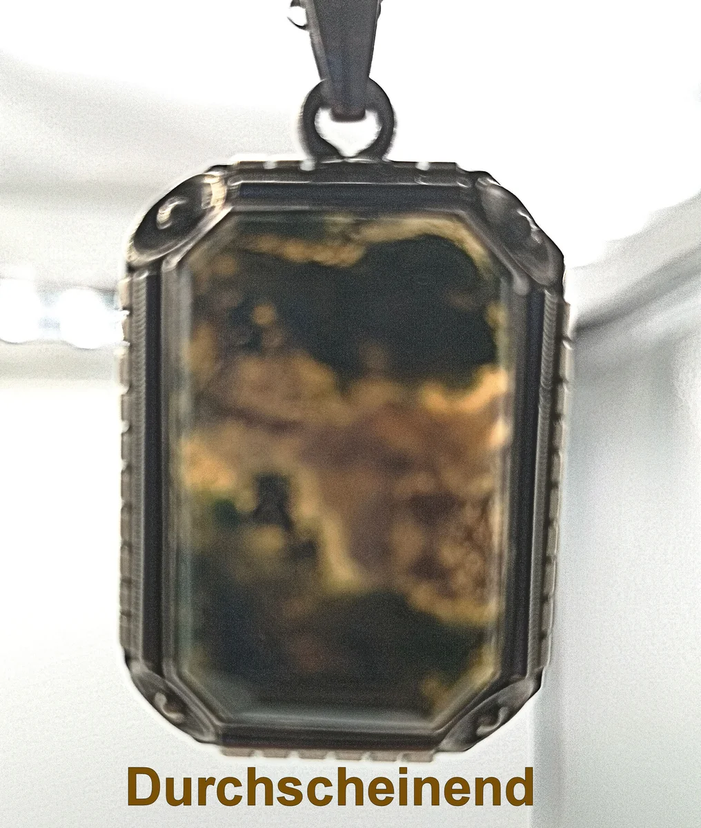 Edler Art-Deco Anhänger mit Moosachat in 830 Silber – Original um 1930 mit neuer 925er Silberkette