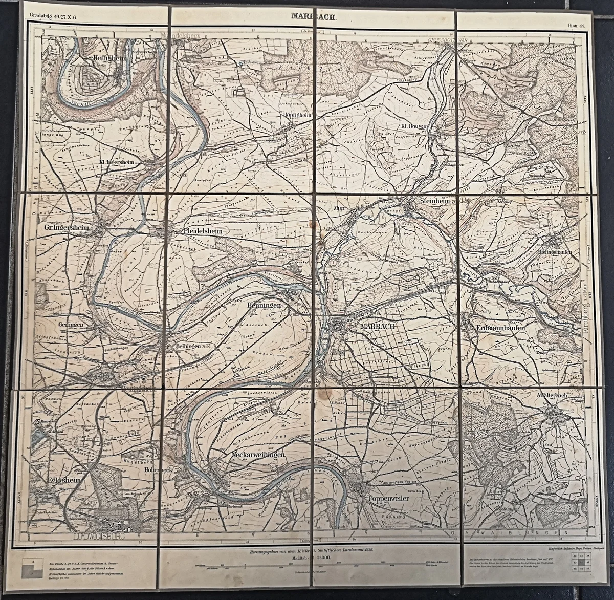 Antike Landkarte Faltkarte auf Leinen - Marbach - 1898