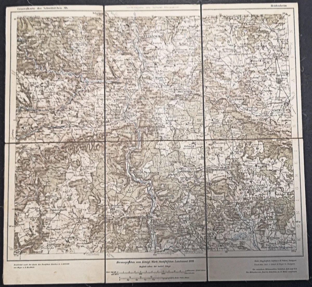 Antike Landkarte Faltkarte auf Leinen - Heidenheim - 1899