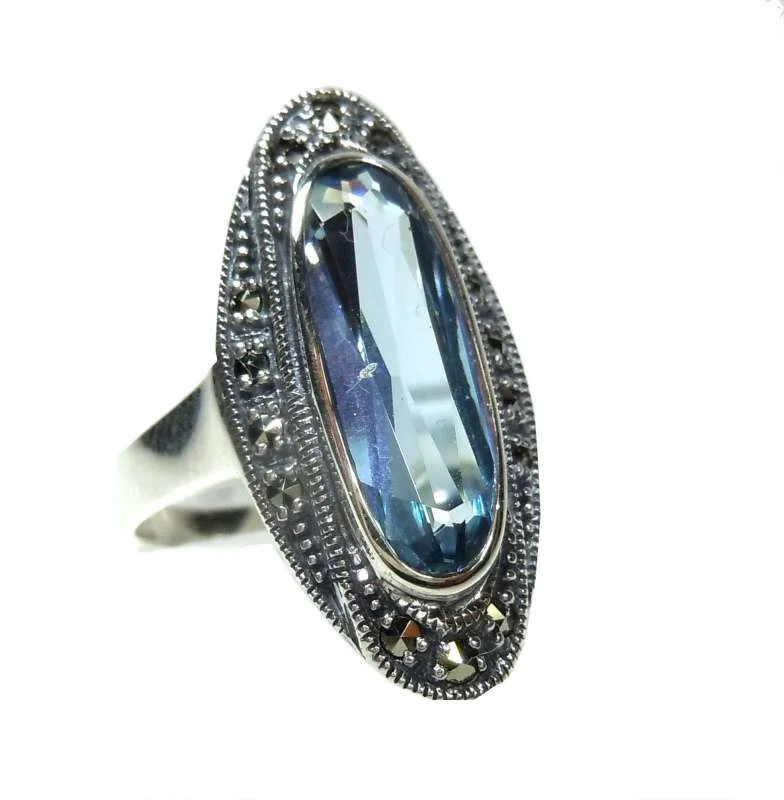Silber Jugendstil Ring mit ovalem Aquamarin & handgefassten Markasiten – 925 Sterling Silber RG52