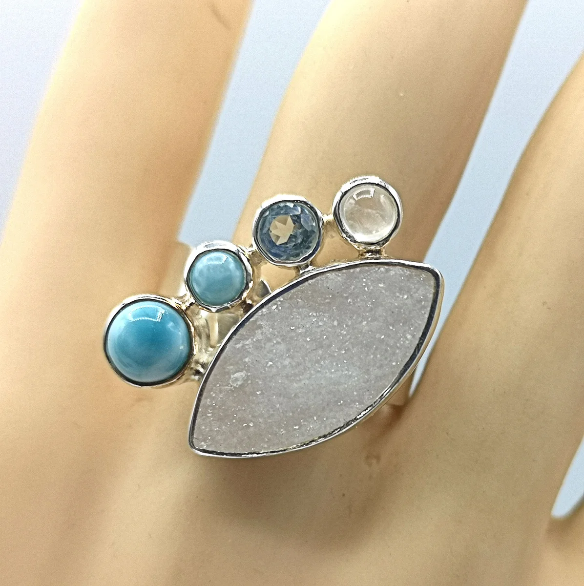 Edler 925 Silber Design Ring mit Larimar + Achat