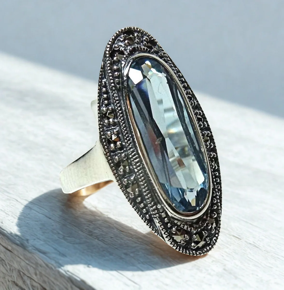 Silber Jugendstil Ring mit ovalem Aquamarin & handgefassten Markasiten – 925 Sterling Silber RG50