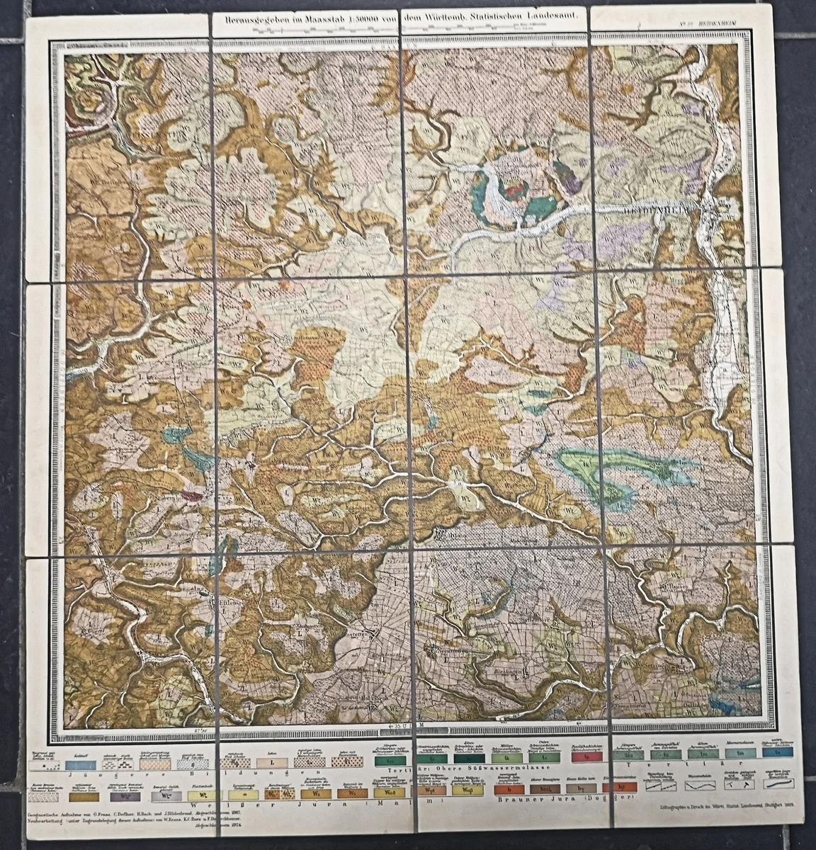 Antike Landkarte Faltkarte auf Leinen - Heidenheim- 1925  Geognostisch