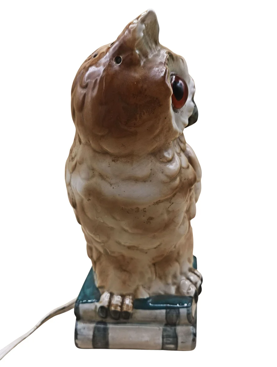 Vintage Rauchverzehrer Eule auf Büchern – Porzellan-Tischlampe um 1960 mit Glasaugen