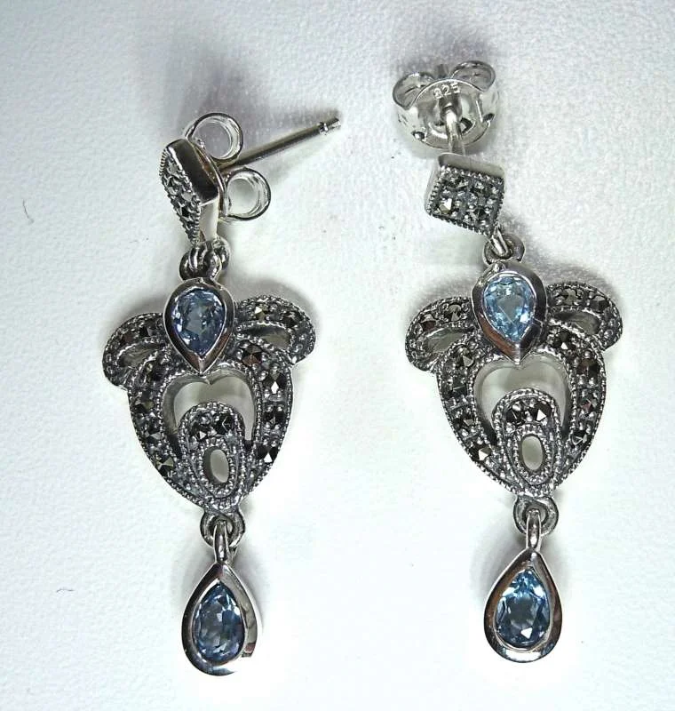 925 Silber Aquamarin Jugendstil Schleifen Ohrringe mit handgefassten Markasiten