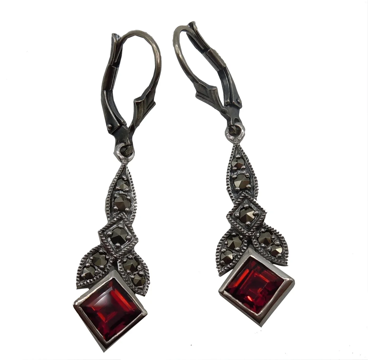 Jugendstil Granat Ohrringe aus 925 Sterling Silber mit Markasit – Handgefertigter Ohrschmuck