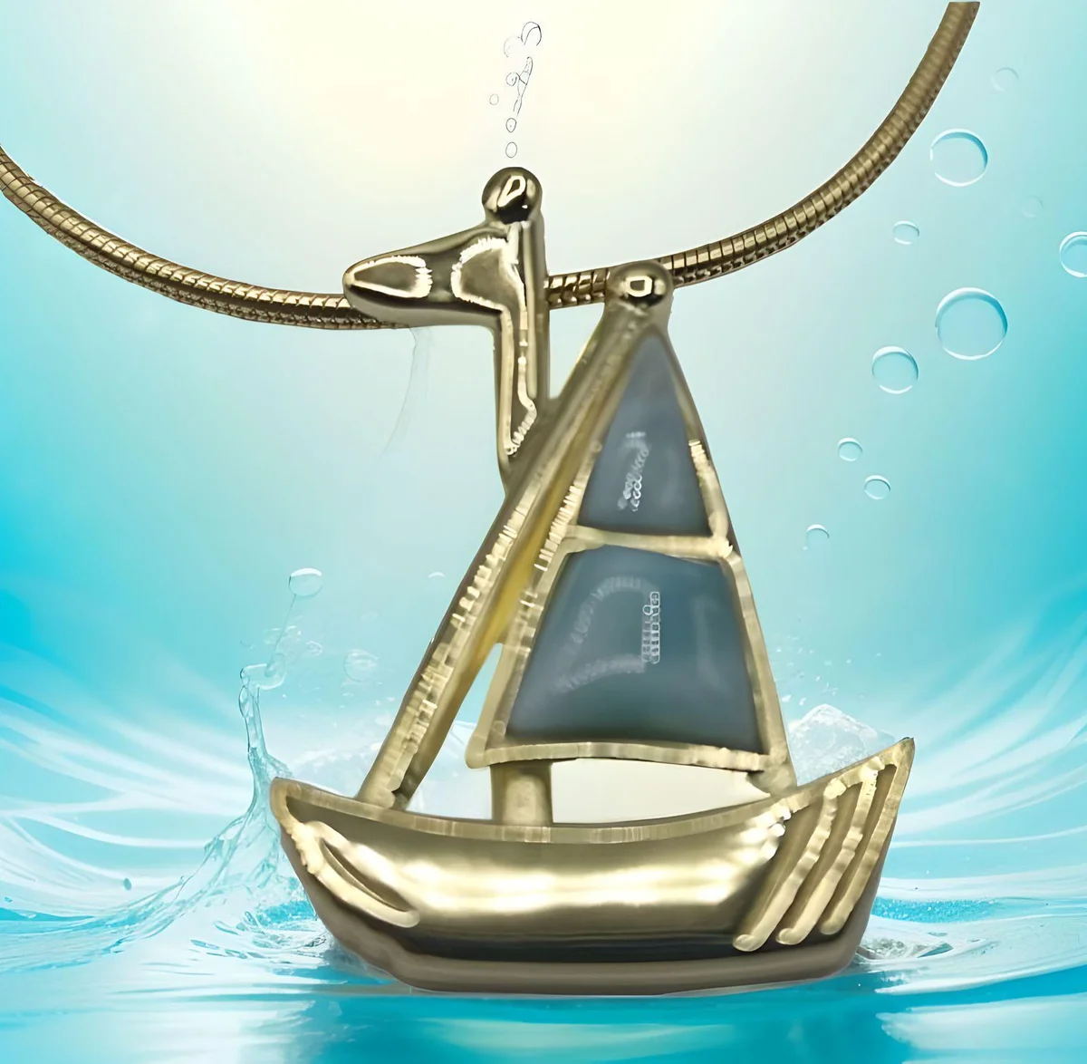 Karibischer Larimar Segelboot Anhänger an Schlangenkette Silber vergoldet