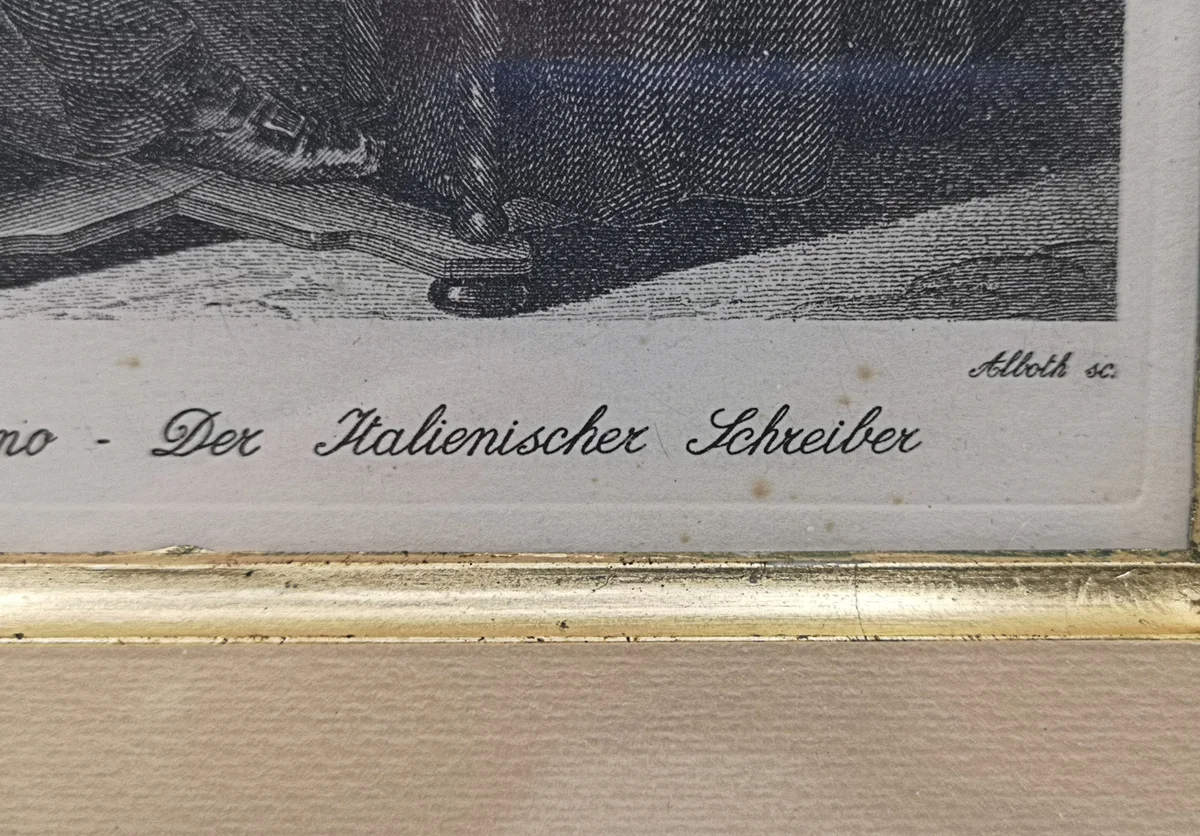 Zertifizierte Kalligraphie zu Kupferstich von J. Niedermann, Holzrahmen, 34x37cm, Der italienische Schreiber