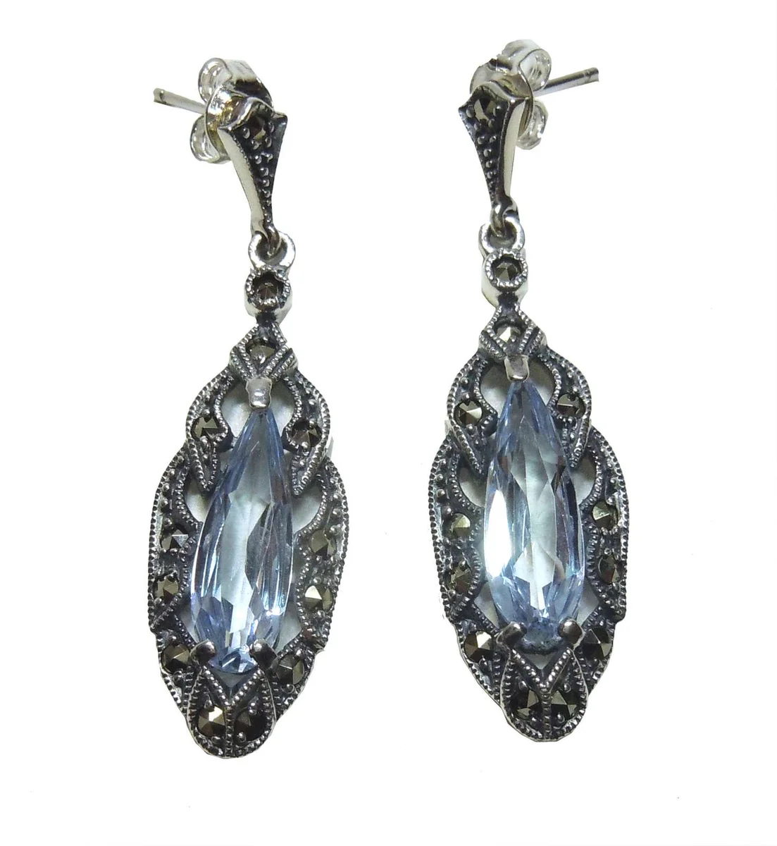925 Silber Aquamarin Jugendstil Hänge Ohrringe mit Markasiten