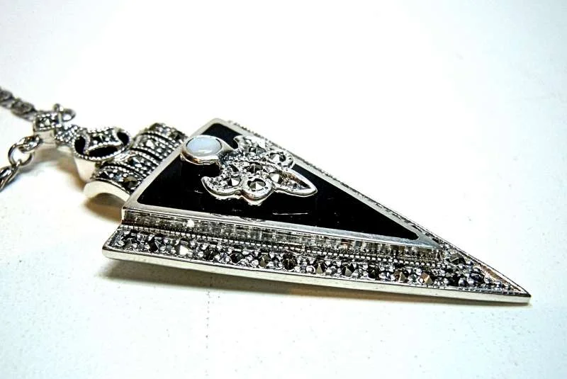 925 Silber Art Deco Collier mit Onyx, Opal und Markasiten
