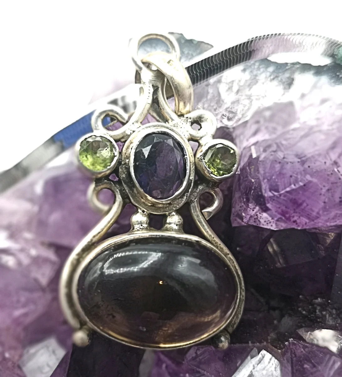 925 Silber Boho Anhänger mit Rauchquarz, Amethyst & Peridot inkl. Silberkette