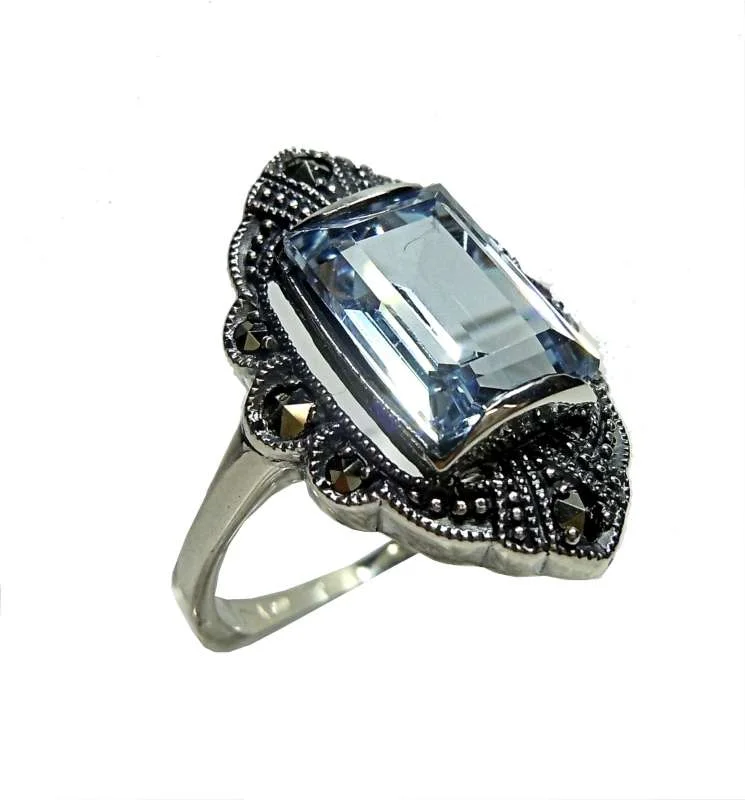 Noblesse Silber Jugendstil Navette Ring mit Aquamarin + Markasiten RG62
