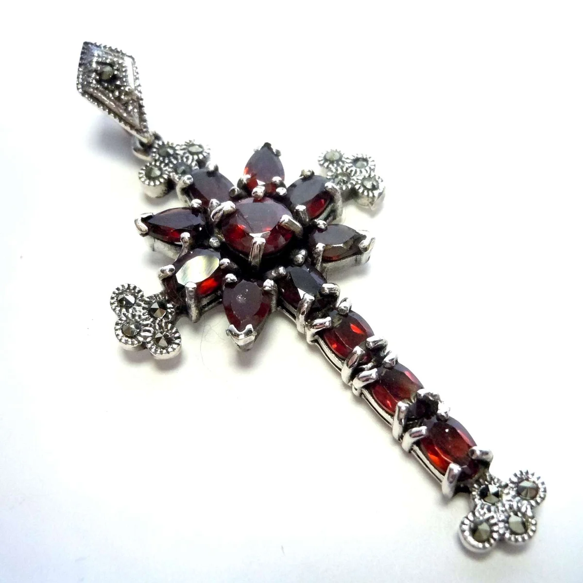 925 Silber Jugendstil Granat Kreuz Anhänger mit Kette