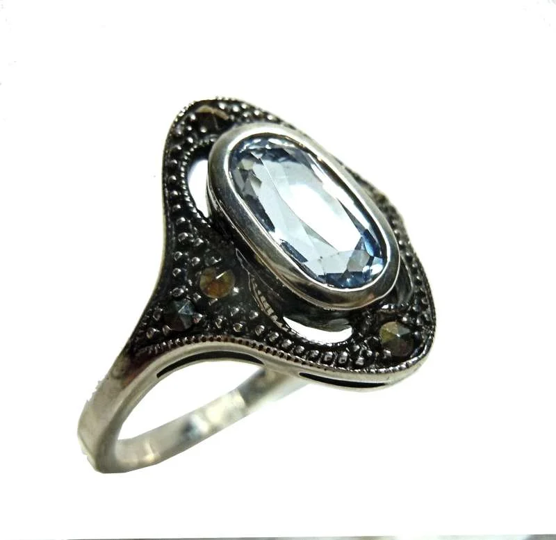 925 Silber Jugendstil Aquamarin Ring Pforzheim  56