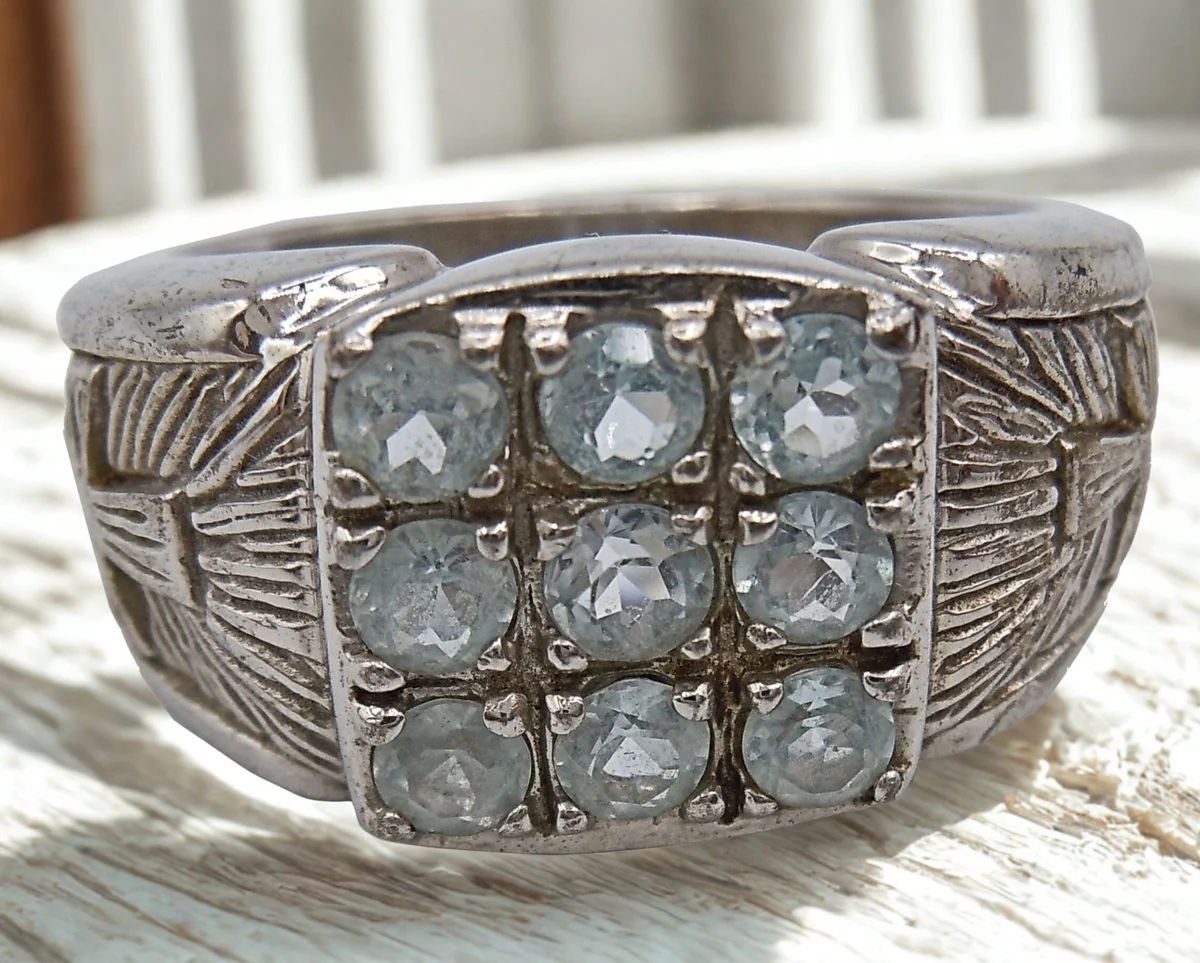 Modernistischer 925 Silberring mit 9 Aquamarinen – Ringgröße 62