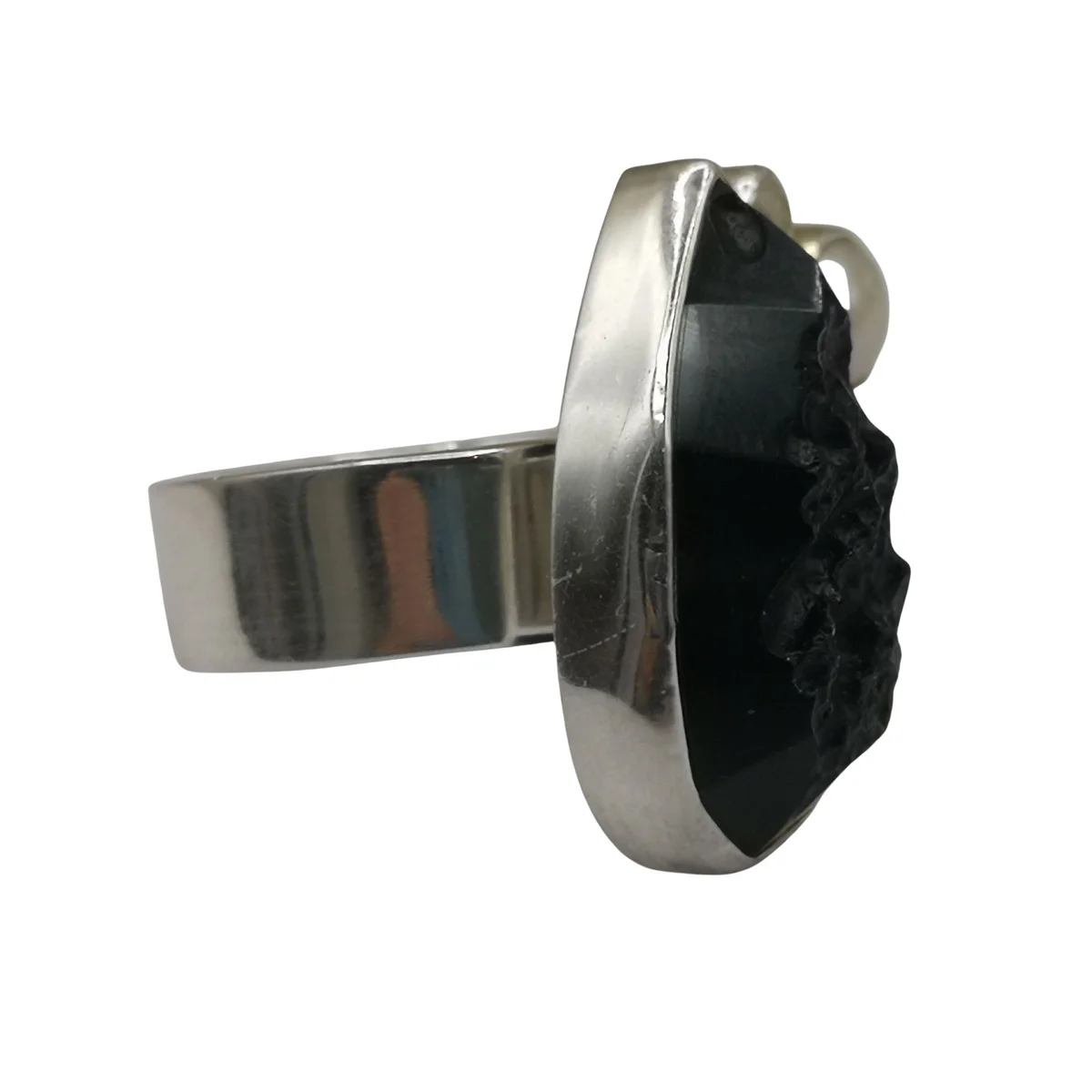 925 Silber Ring mit Tektit, weißem Topas, schwarzem Spinell & Perle – Unikat Größe 59