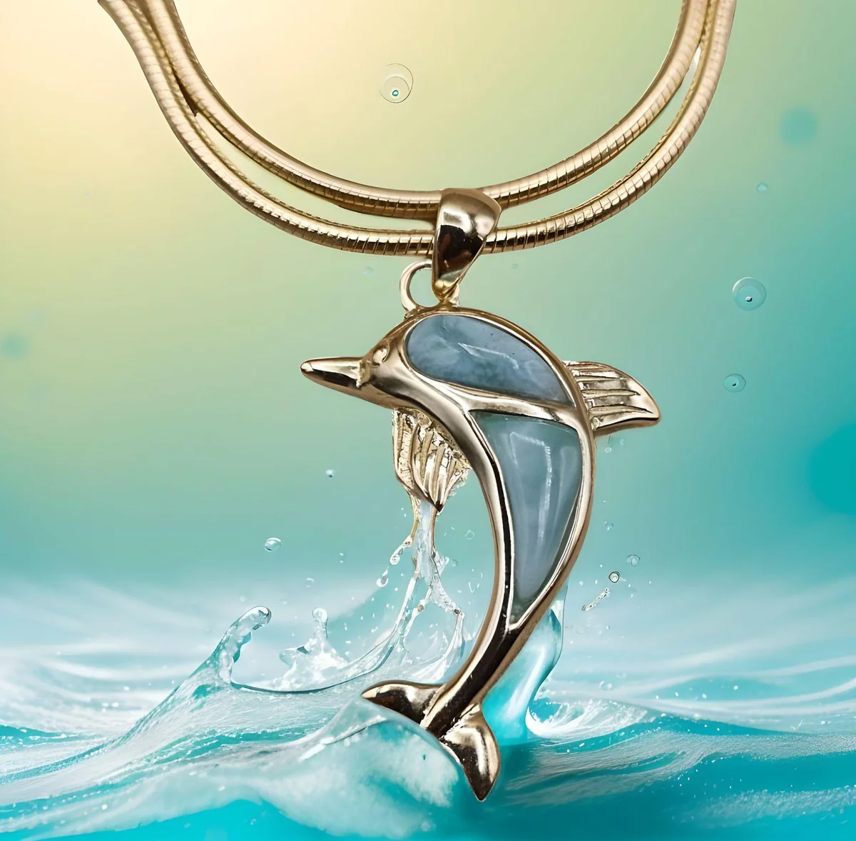 Karibischer Larimar Delphin Anhänger an Schlangenkette Silber vergoldet