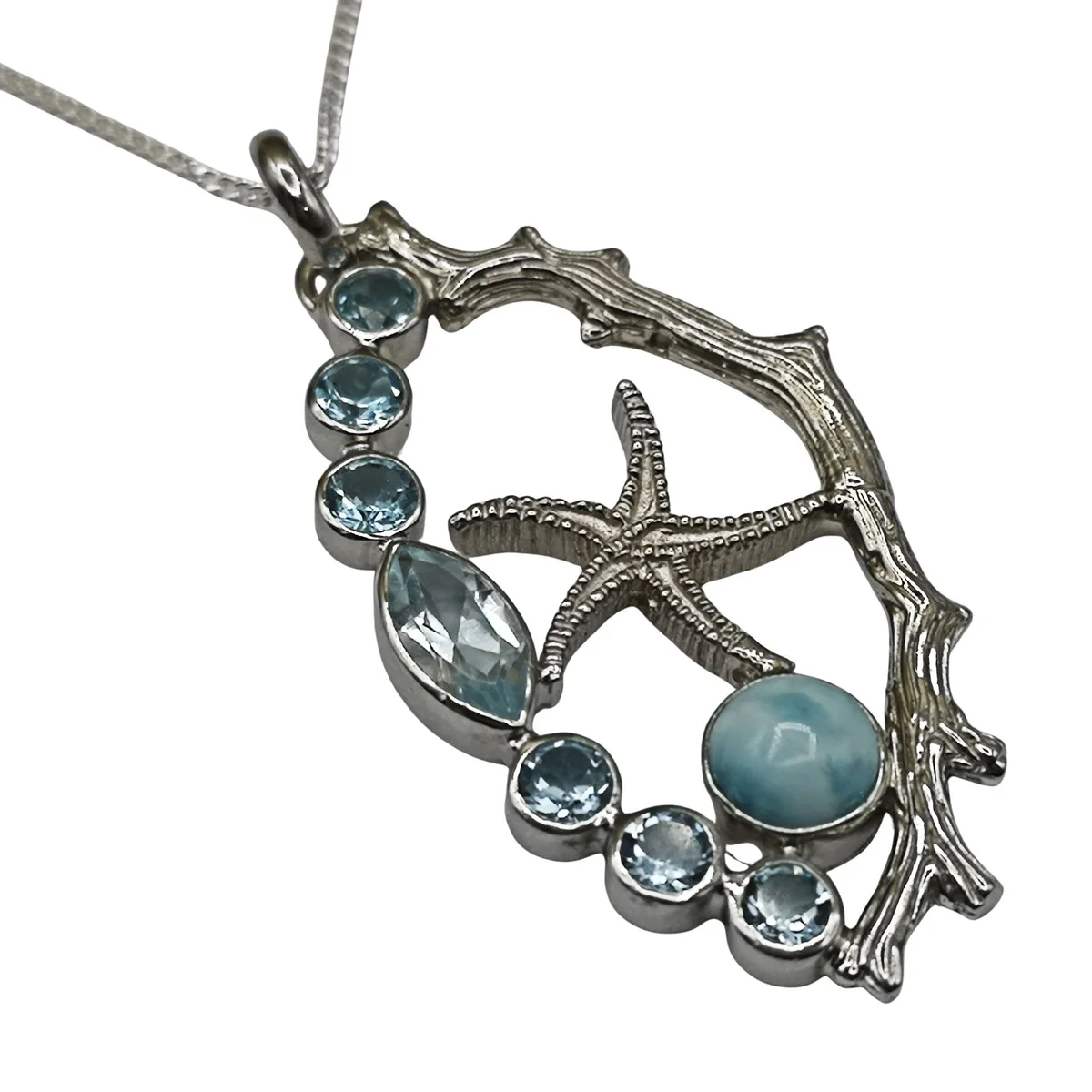 Seestern Anhänger 925 Sterling Silber mit Larimar & Blautopas – Maritimer Edelstein Schmuck inkl. 50 cm Silberkette