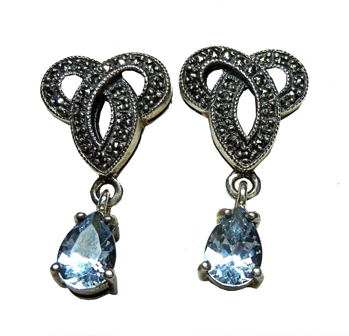 Elegante Jugendstil Ohrringe aus 925 Silber mit Aquamarin & Markasit – Handgefertigte Hängeohrringe