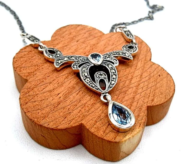 Feines Jugendstil Silber Collier mit Aquamarin und Markasiten