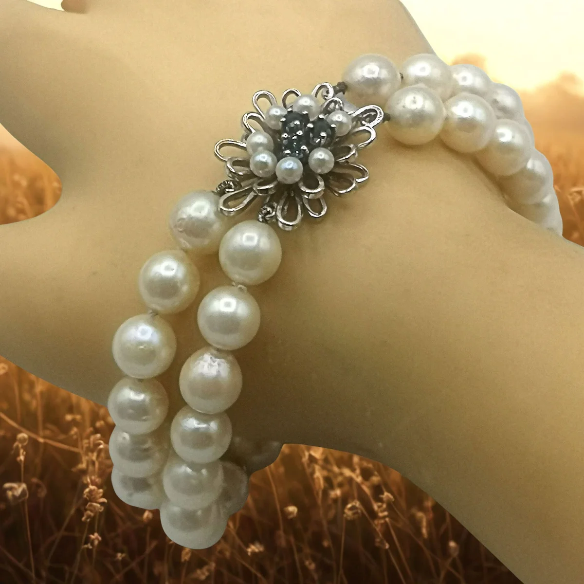 Elegantes Akoya-Perlenarmband mit 925 Silber Abstandhaltern & 750 Weißgold Verschluss