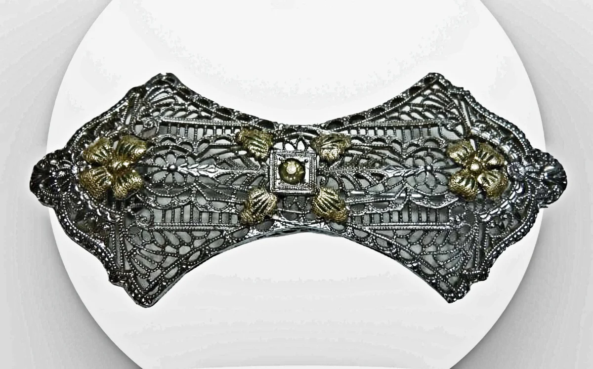 Prächtige Silber Jugendstil Filigran Schleifen Brosche teilvergoldet