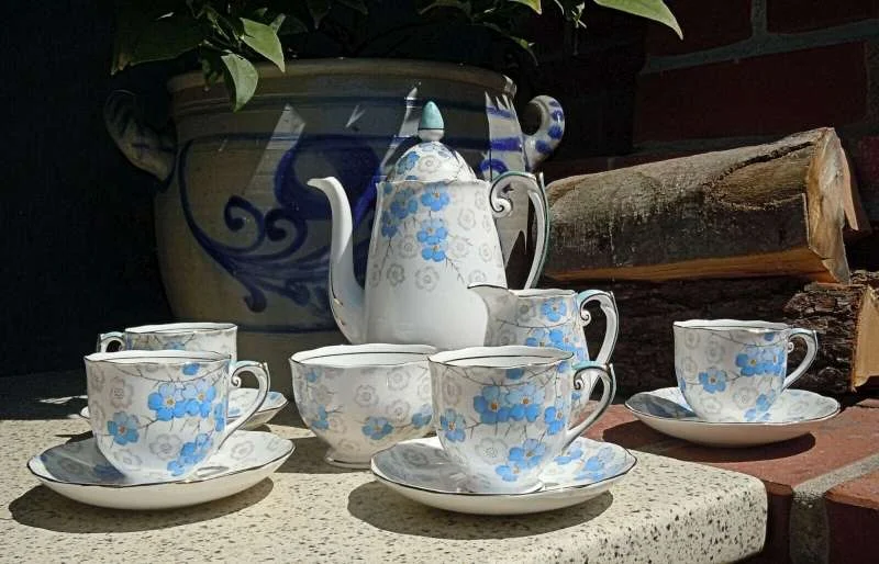 Handbemaltes Mocca- & Kaffeeservice aus Bone China von Roslyn – Dekor AVIS, England