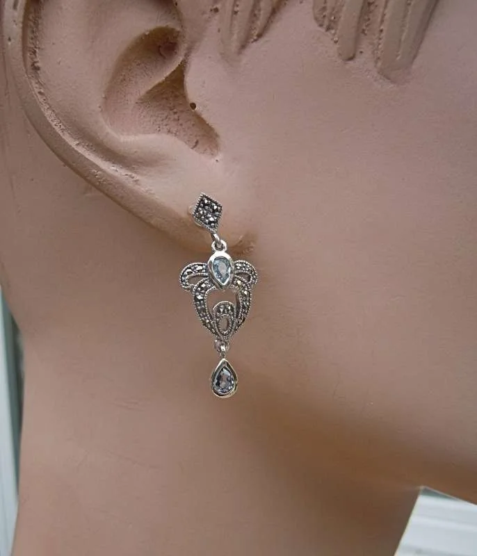 925 Silber Aquamarin Jugendstil Schleifen Ohrringe mit handgefassten Markasiten