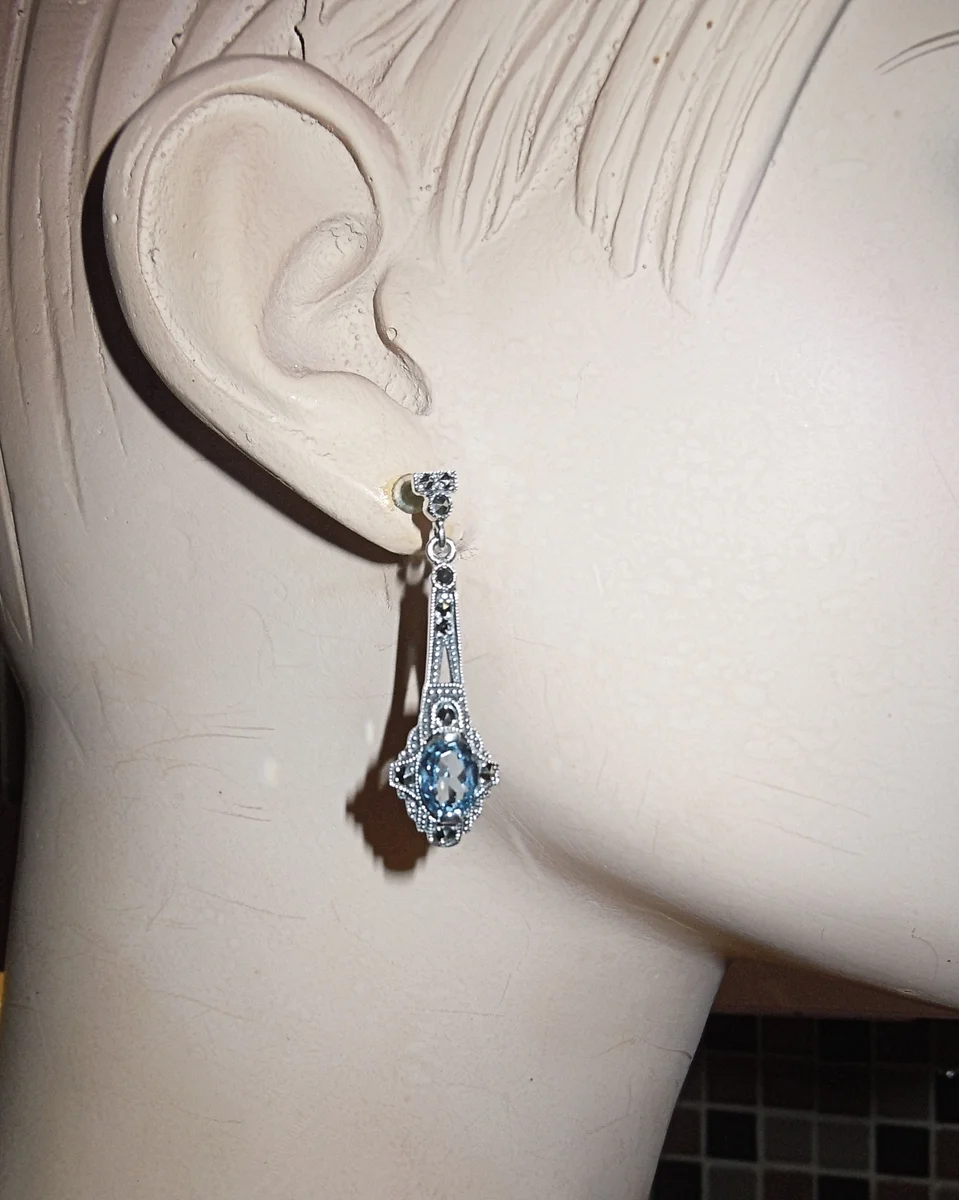 Exklusive Jugendstil-Ohrhänger aus 925 Silber mit handgefasstem Aquamarin & Markasit