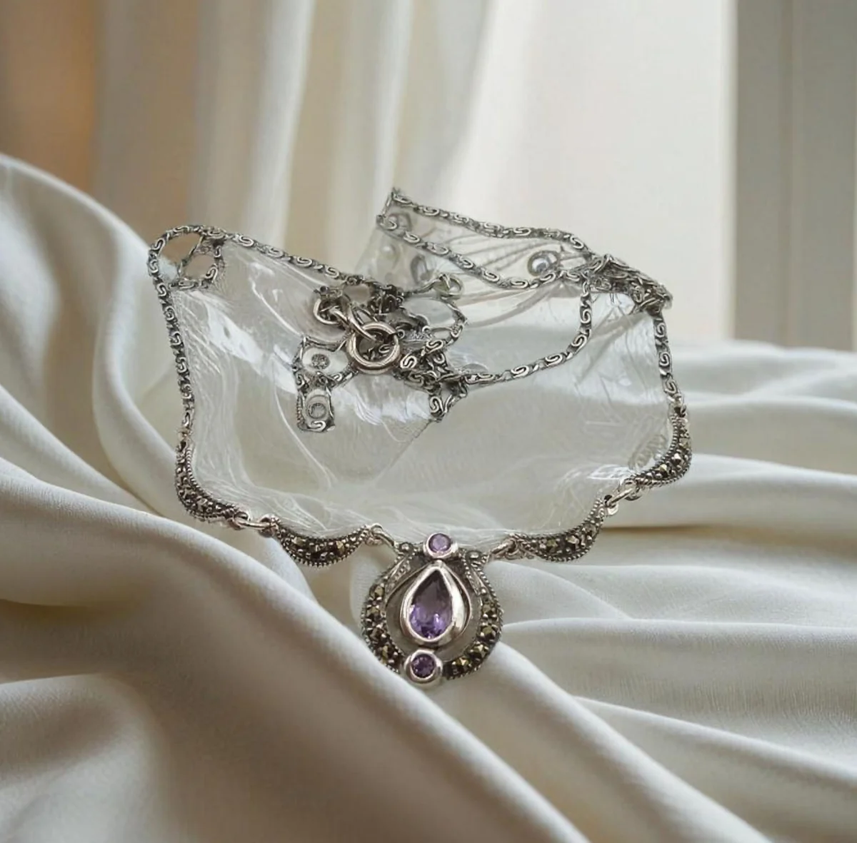 Edles Jugendstil Silber Collier mit Amethyst und Markasiten