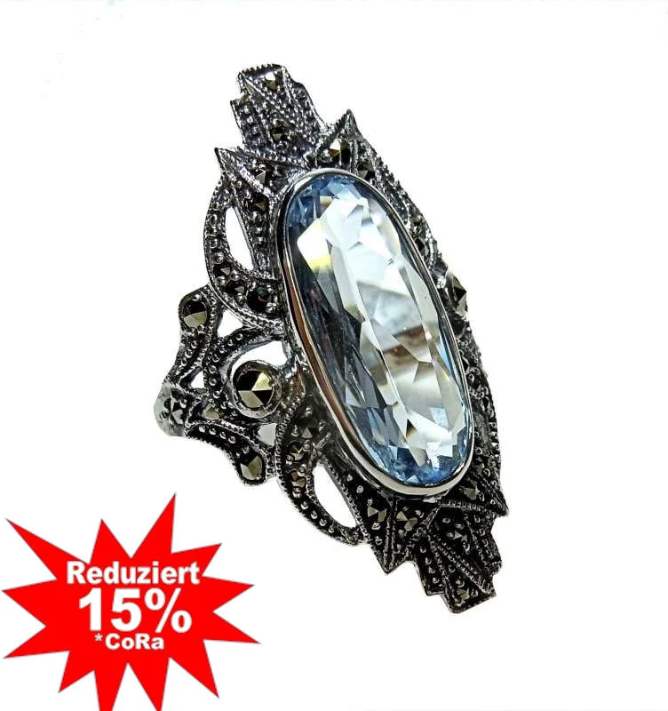 Prächtiger Noblesse Silber Jugendstil Navette Ring mit Aquamarin + Markasiten RG62