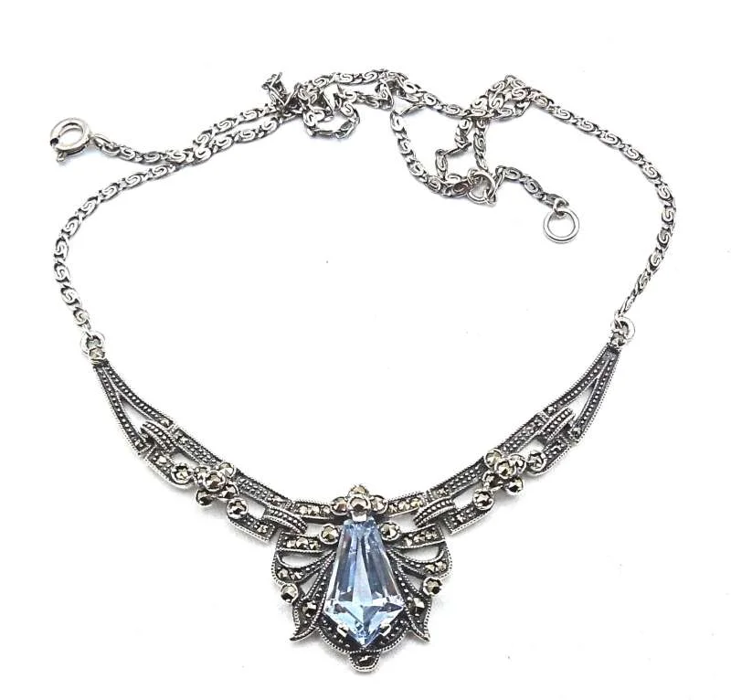 Wunderschönes Jugendstil Collier mit Aquamarin und Markasiten