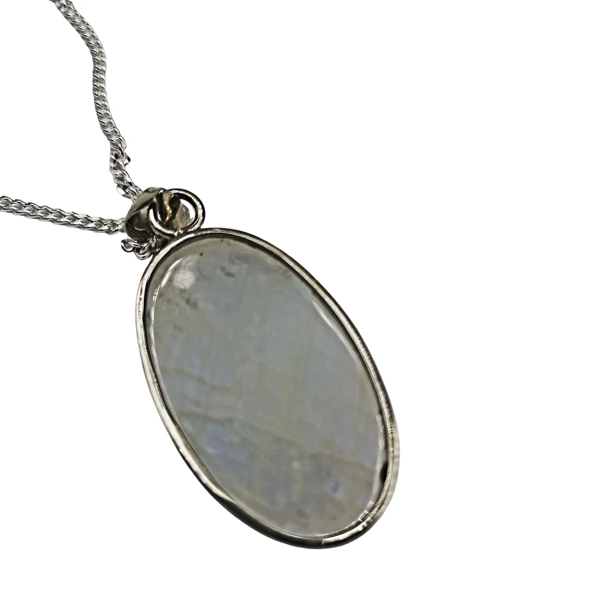 Edler Regenbogen-Mondstein Anhänger – Oval (35x20 mm) in 925 Silber inkl. 55 cm Panzerkette