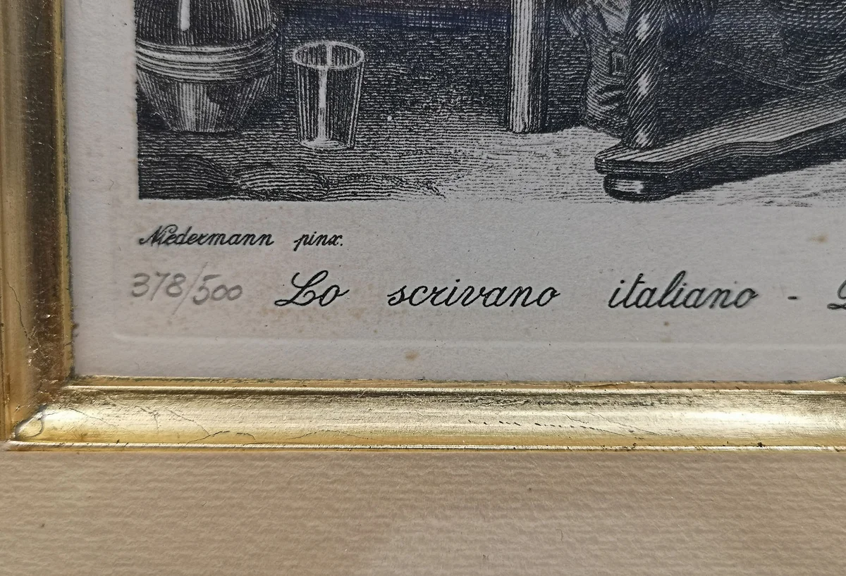 Zertifizierte Kalligraphie zu Kupferstich von J. Niedermann, Holzrahmen, 34x37cm, Der italienische Schreiber