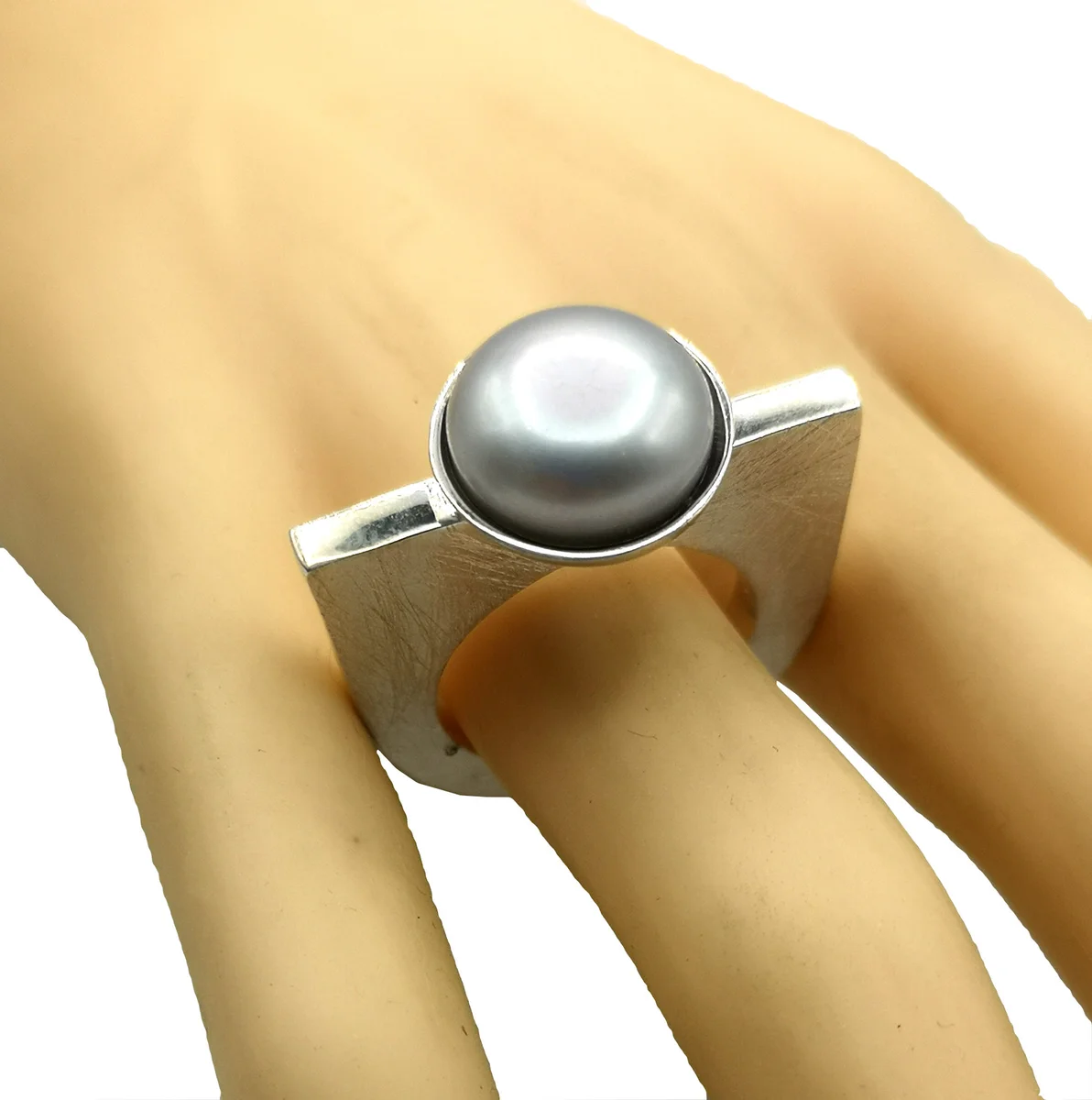 925 Silber Designer Ring mit grauer Perle RG 57