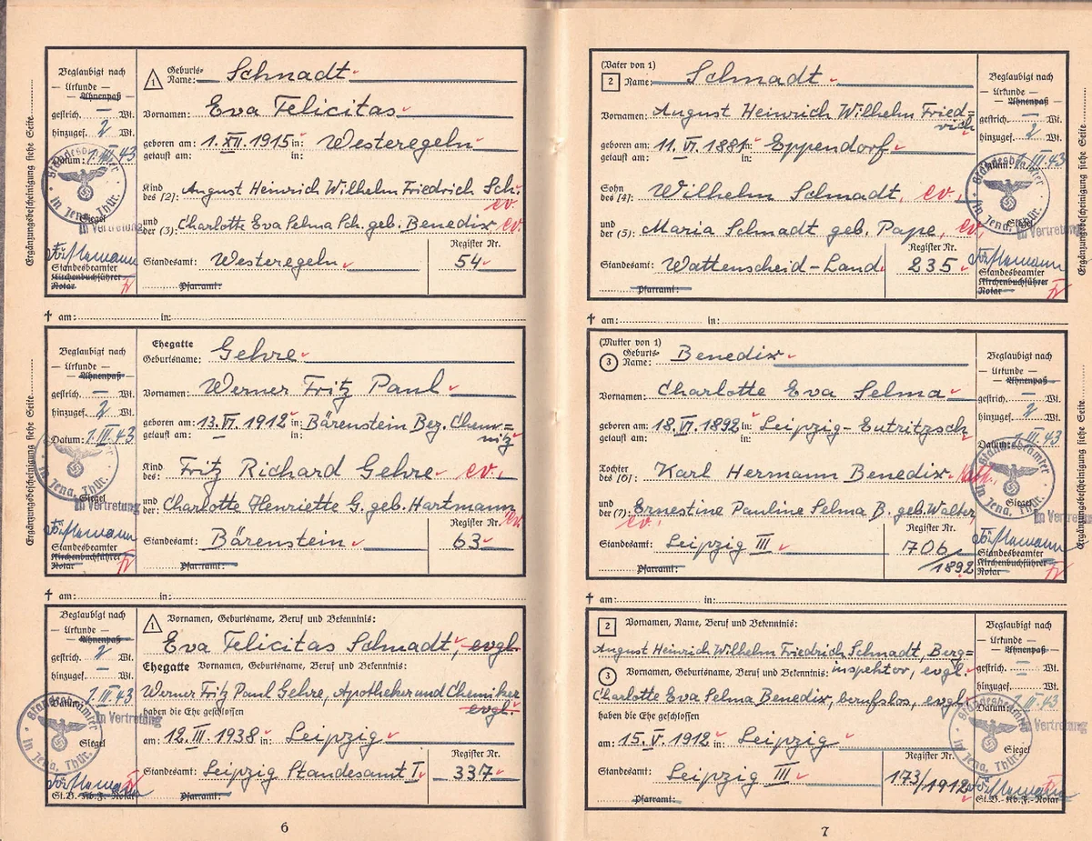 Ahnenpaß Gehre / Schnadt aus Jena 1943
