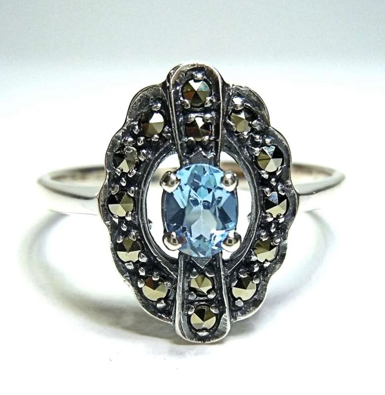 Feiner Silber Jugendstil Ring mit ovalem Aquamarin + Markasiten handgefaßt RG60