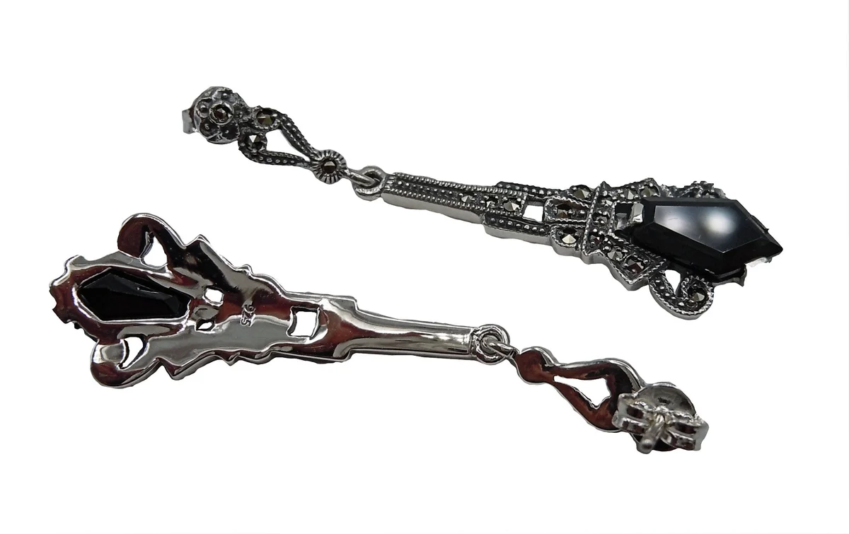 Art-Deco Ohrschmuck aus 925 Silber mit Onyx & Markasit – handgefertigte Eleganz