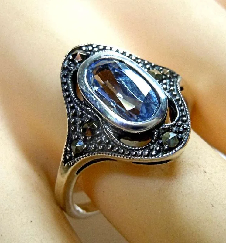 925 Silber Jugendstil Aquamarin Ring Pforzheim  52