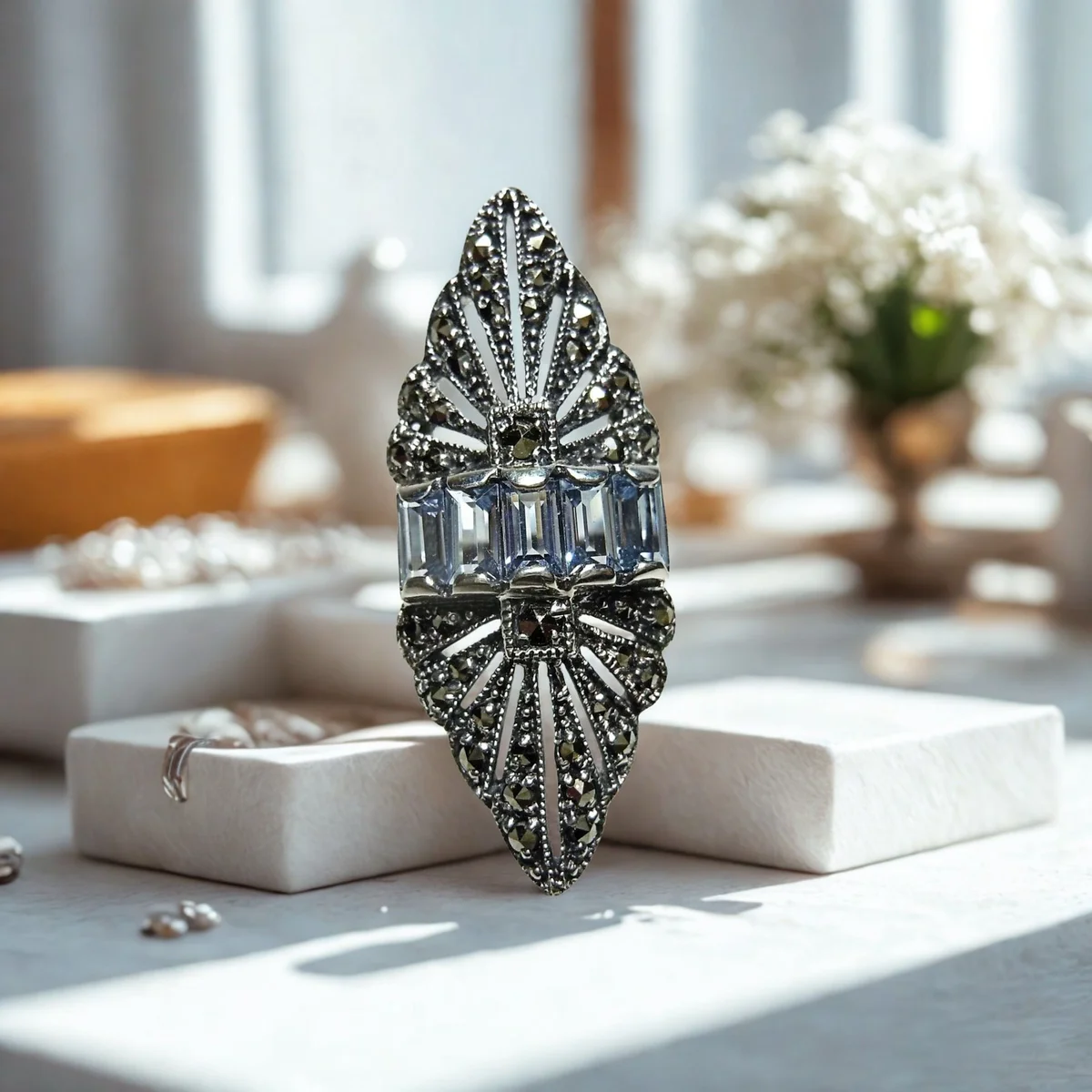 Jugendstil Ring mit  Aquamarin & Markasit – 925 Sterling Silber Navette Design RG52