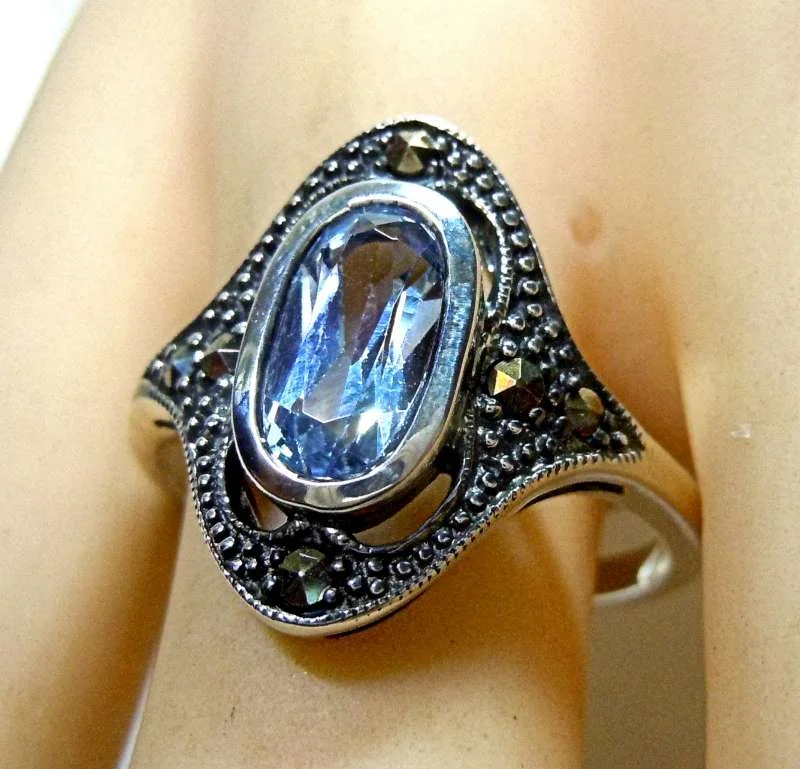 925 Silber Jugendstil Aquamarin Ring Pforzheim  60
