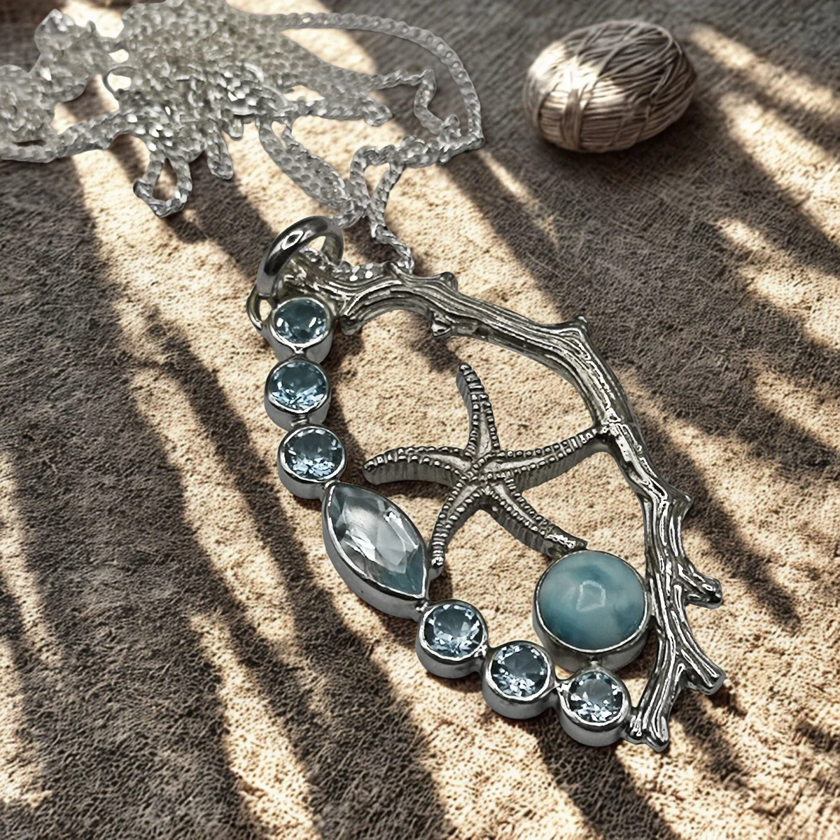 Seestern Anhänger 925 Sterling Silber mit Larimar & Blautopas – Maritimer Edelstein Schmuck inkl. 50 cm Silberkette
