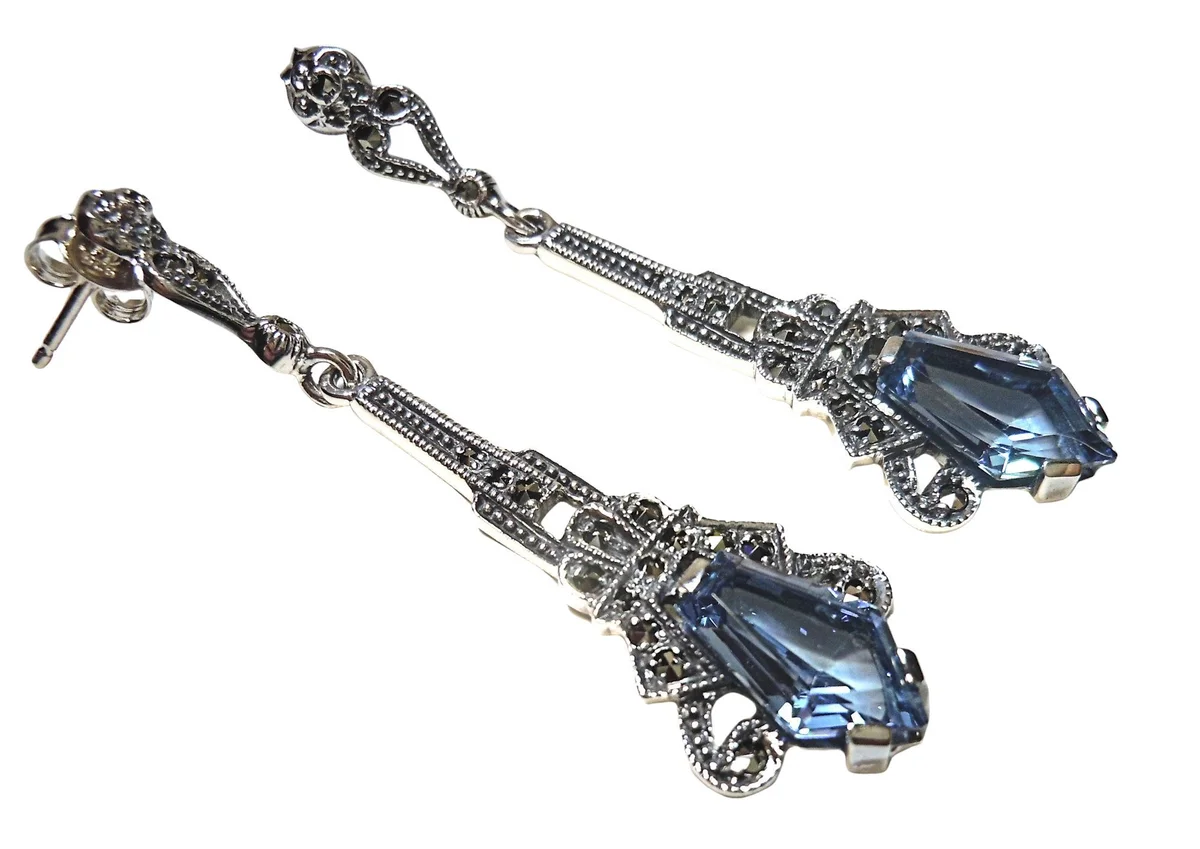 Exklusive ART-DECO Ohrringe aus 925 Sterling Silber mit handgefasstem Aquamarin & Markasiten