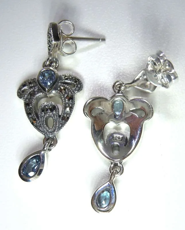 925 Silber Aquamarin Jugendstil Schleifen Ohrringe mit handgefassten Markasiten