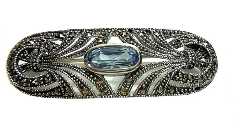 Prächtige ovale Silber Jugendstil Aquamarin Brosche